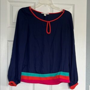 Colorful Striped Blouse with Red Trim